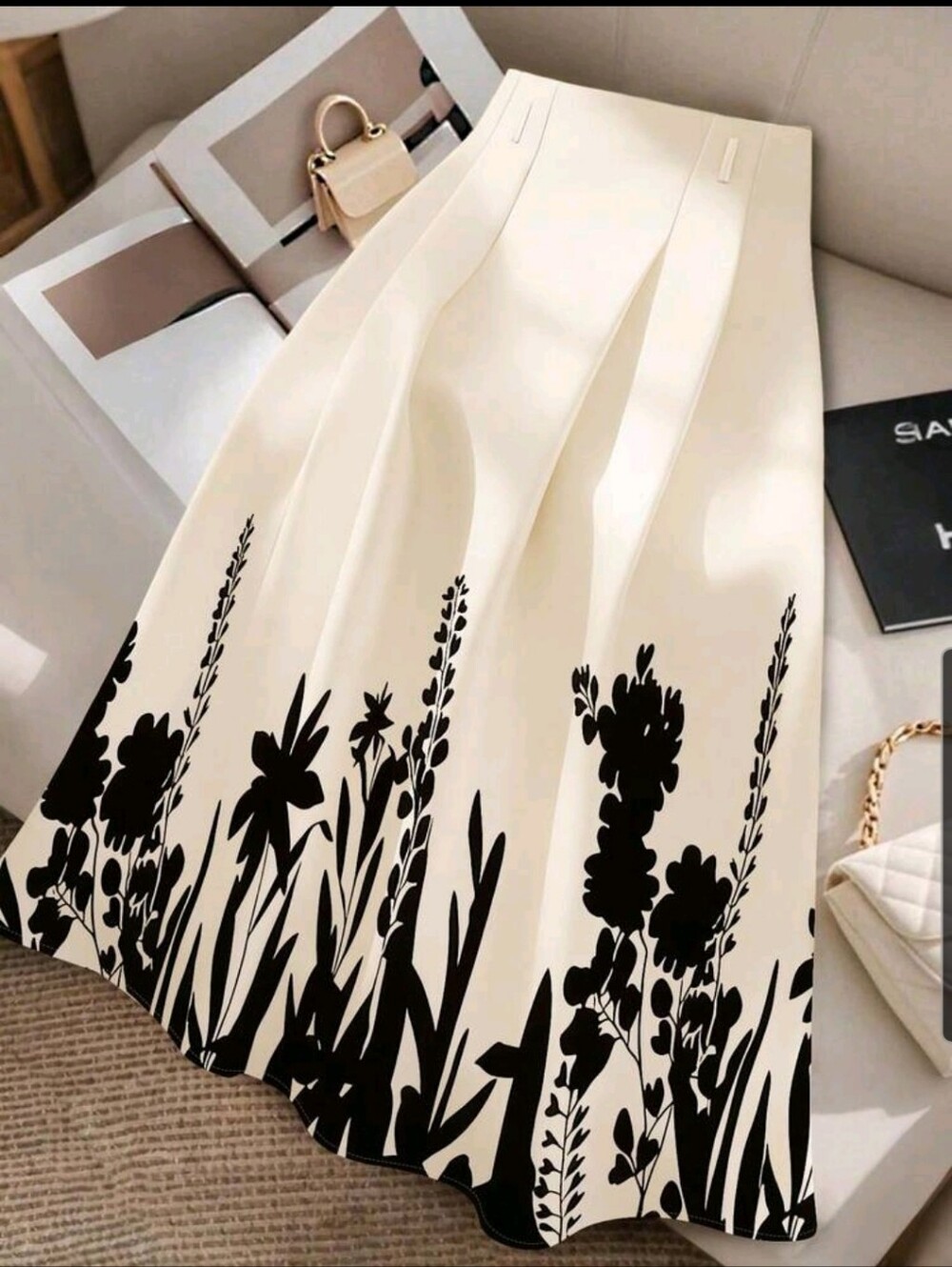 SALE ** Cream A-Line Midi Skirt with Black Floral Border